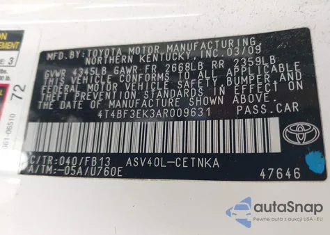 2010 Toyota Camry Le/Se/Xle z USA, uszkodzony, nr VIN 4T4BF3EK3AR009631